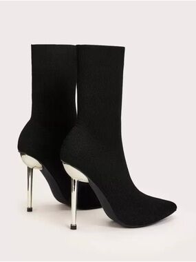 Knit Fabric Stiletto Heeled Boots Pointed Toe Black Womens Size 7